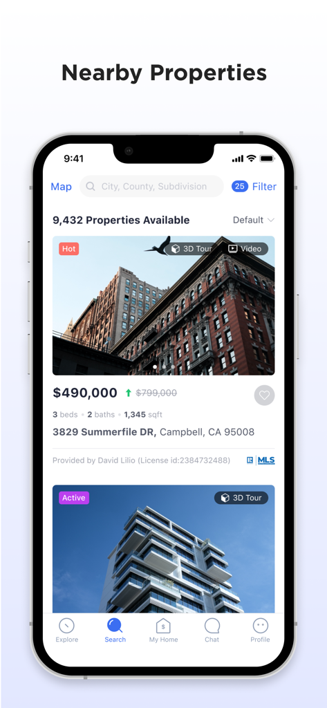 Closely real estate app displaying nearby home listings with price, address, and 3D tour options