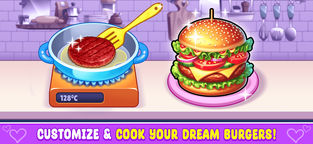 Fast Food - Cooking Game - Cartoon burger patty frying on a stove next to a large finished burger with the text Customize and Cook Your Dream Burgers