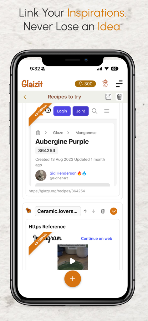 Glaizit – Smart Pottery Hub - A mobile screen from the Glaizit app showing a collection of saved pottery recipes and external inspiration links like Instagram and Glazy.