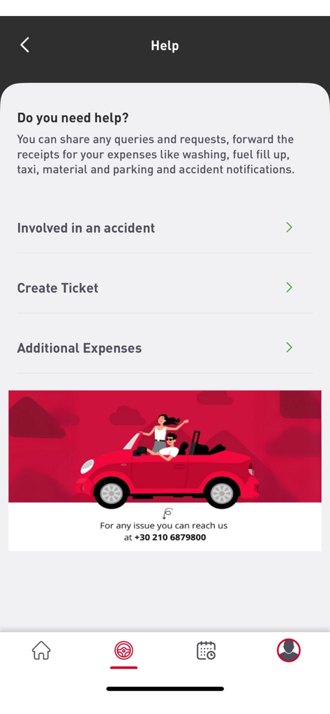 Schermata di aiuto dell'app Avis Car Sharing con opzioni di supporto per incidenti e spese.