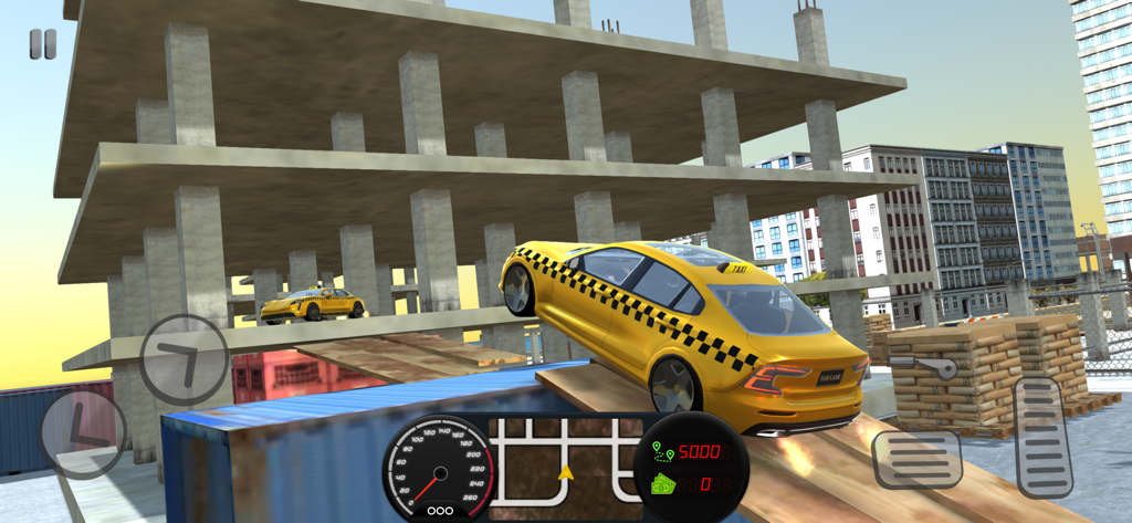 A yellow taxi performing a stunt jump over a ramp in a city construction site