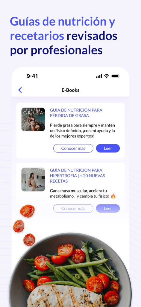 Saiyan Workout - Entrenamiento - Mobile app screen showing nutrition guides and e-books for fat loss and hypertrophy