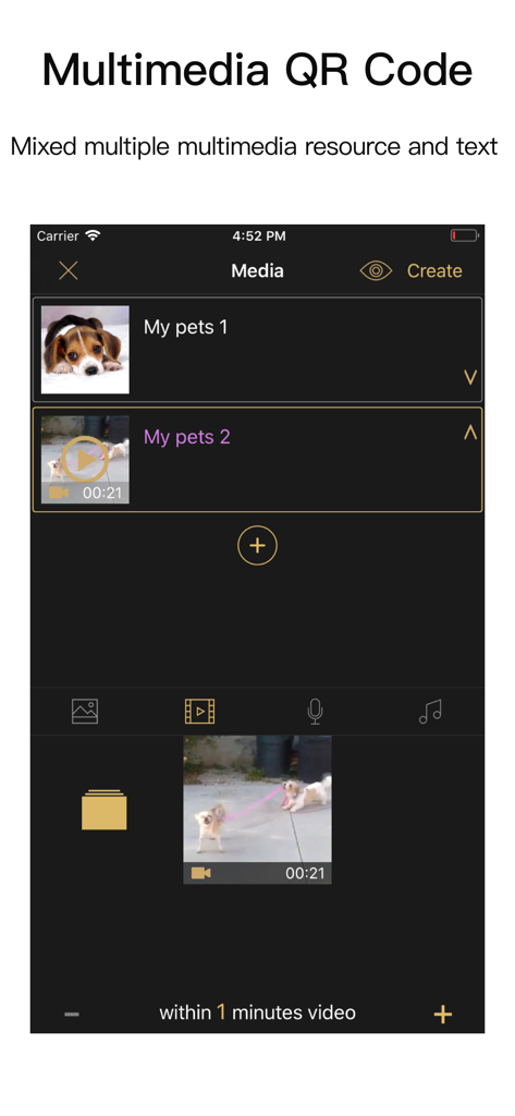 QR Code Studio Pro-QR Scanner - Interface of QR Code Studio Pro showing the creation of a multimedia QR code with images and videos