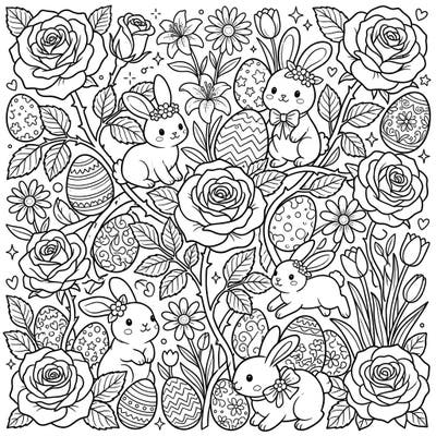 Immerse yourself in the beauty of spring with this delightful coloring page combining elegant roses, charming Easter bunnies, and intricately decorated eggs. It's a perfect blend of nature's grace and festive cheer, ready for your artistic touch.