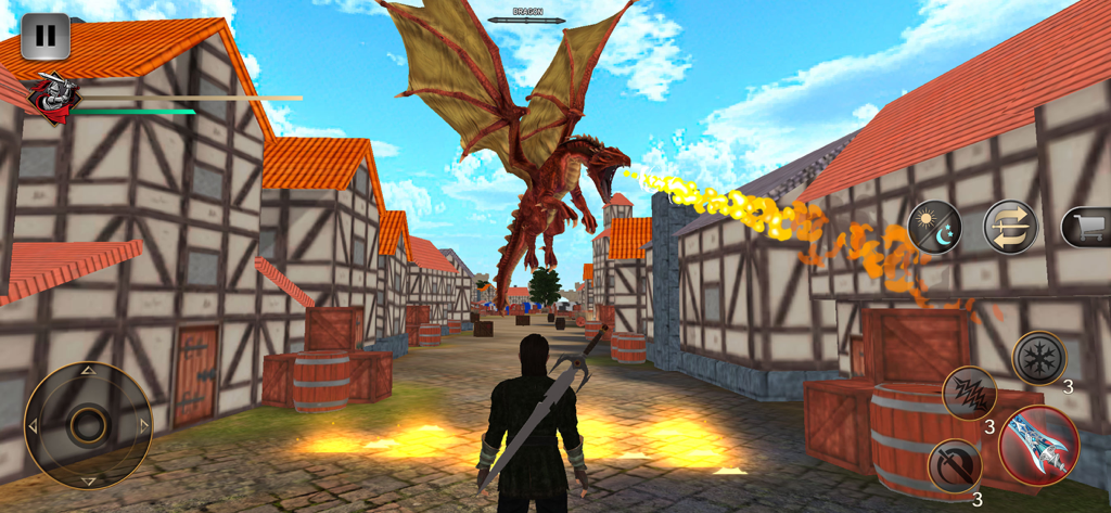 Shadow RPG Fighting Games - Un guerrero ninja enfrentándose a un dragón que escupe fuego en la calle de un pueblo medieval