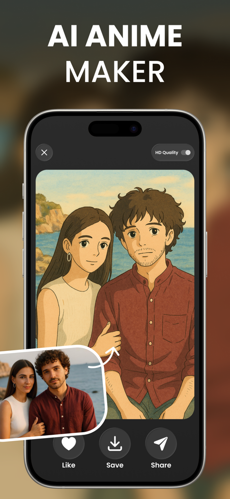 Raphael AI app interface showing a real photo transformed into Studio Ghibli style anime art