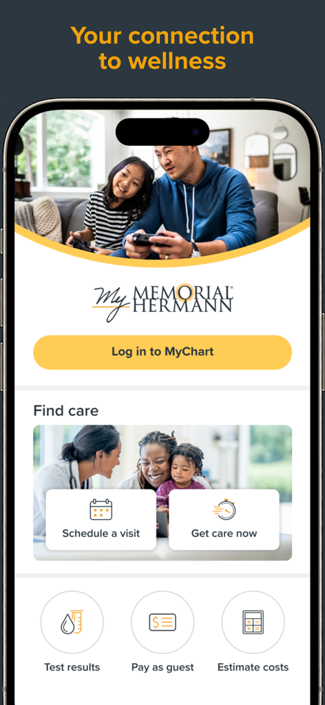 My Memorial Hermann™ - My Memorial Hermann app home screen showing options to schedule visits view test results and pay medical bills