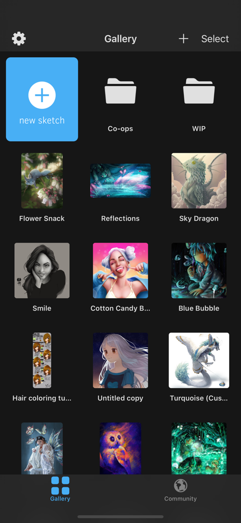 Sketch Club - A grid display of digital artwork and project folders within the Sketch Club app gallery interface