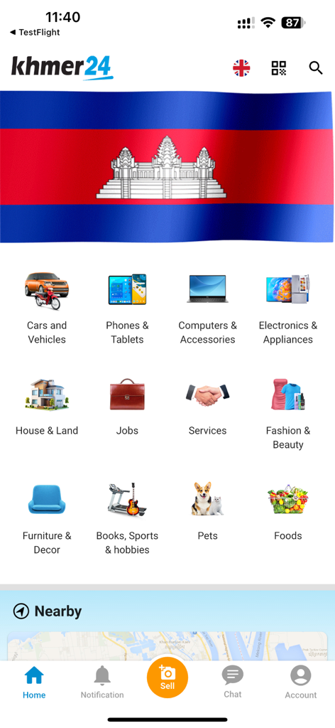 Homepage of the Khmer24 app featuring shopping categories and a Cambodian flag banner