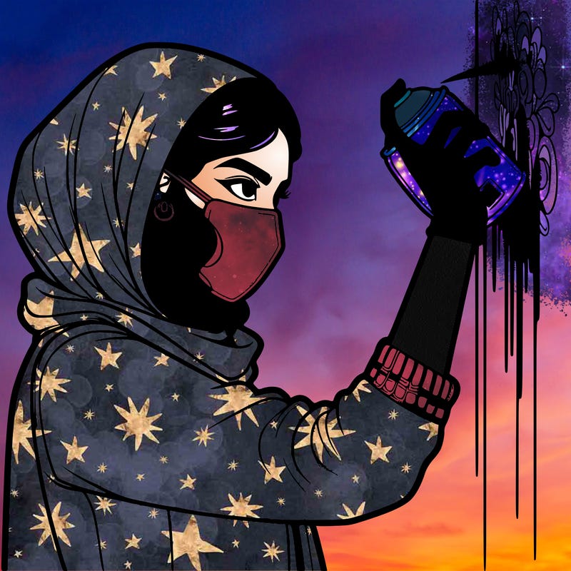 realistic girl with mask spray painting a wall