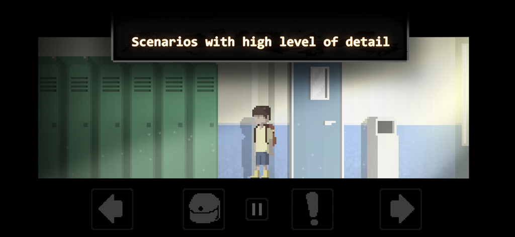 Psicosis - A 2D pixel art character standing in a detailed school hallway with green lockers in the game Psicosis.