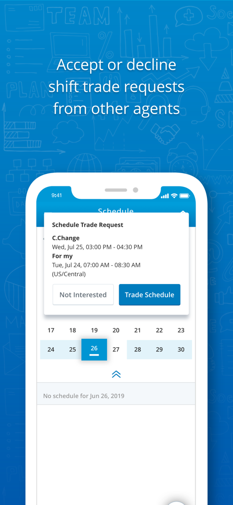 NiCE EEM app screen for accepting or declining shift trade requests from other agents.