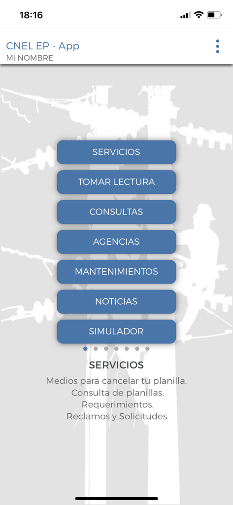 CNEL EP - Main menu of the CNEL EP app displaying buttons for services, meter reading, inquiries, agencies, maintenance, news, and simulator in Spanish.