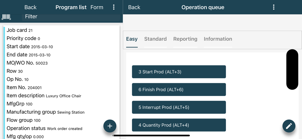 Jeeves ERP - Jeeves ERP mobile interface showing manufacturing job card details and an operation queue for production reporting