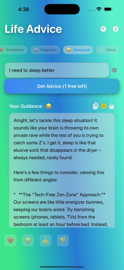 Polyai - Screenshot of the Polyai app interface showing AI life advice on how to sleep better using a humorous tone.