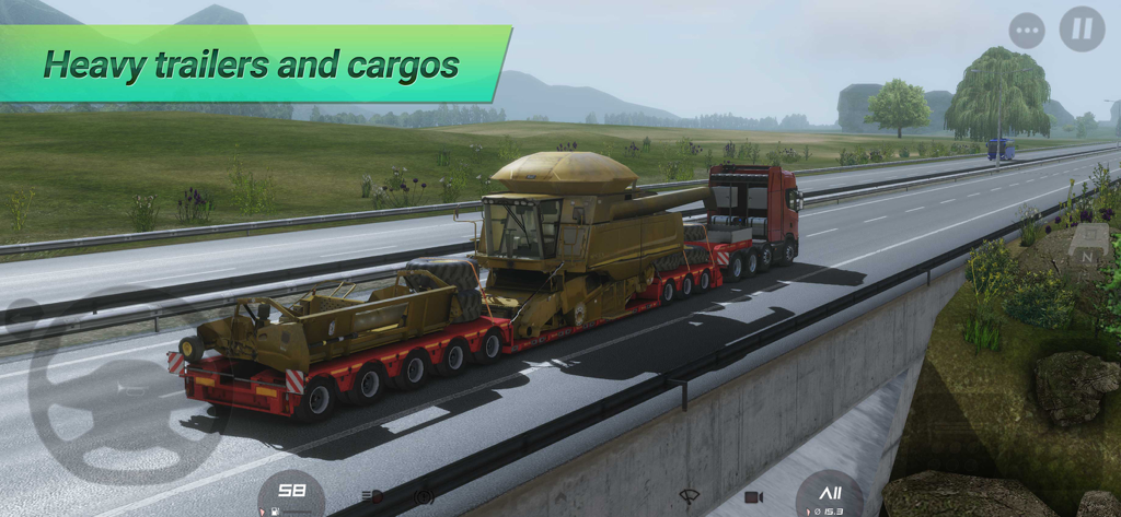 Truckers of Europe 3 - Um caminhão vermelho transportando uma colheitadeira pesada em uma ponte rodoviária.