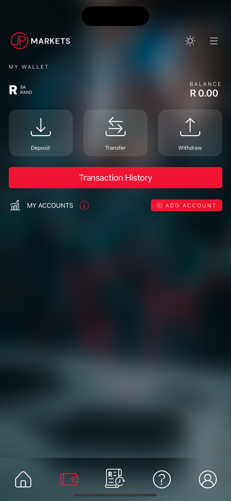 JP Markets 모바일 앱 지갑 화면에 남아프리카 랜드 잔액과 거래 제어 기능이 표시됩니다.