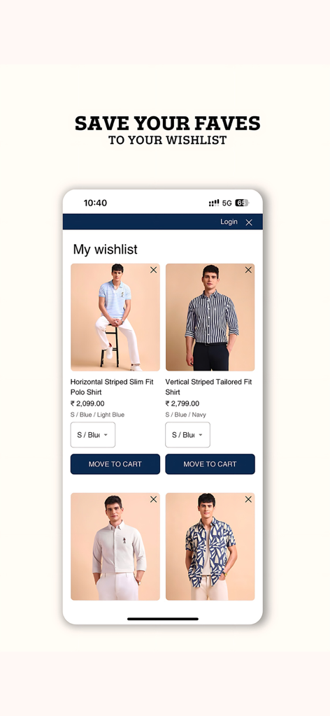 U.S. Polo Assn. - The My Wishlist screen of the U.S. Polo Assn. app showing several men's shirts with prices and move to cart options