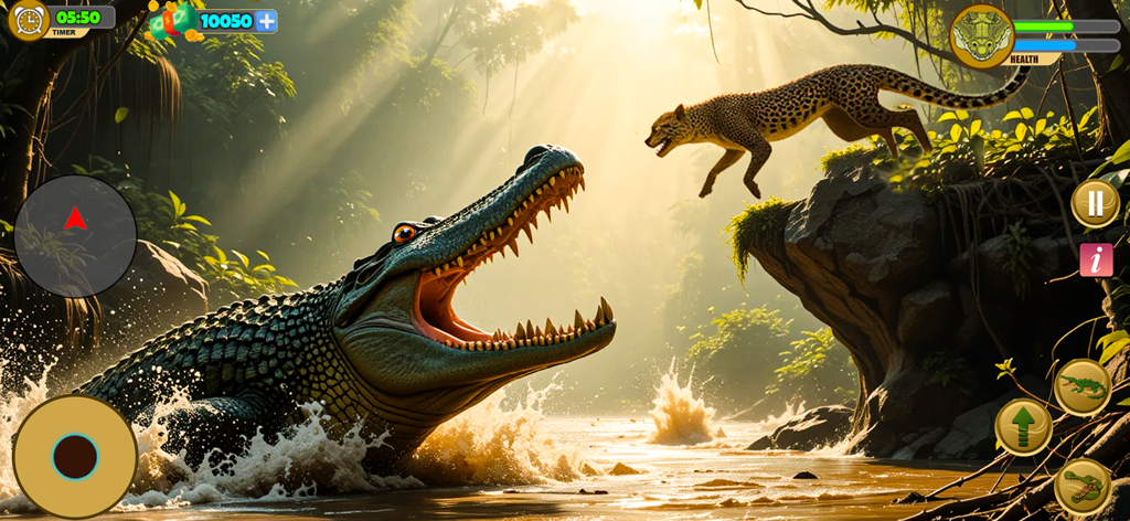 Crocodile Attack Wild Sim Game - Un gran cocodrilo abalanzándose sobre un guepardo saltando en un entorno selvático durante el juego
