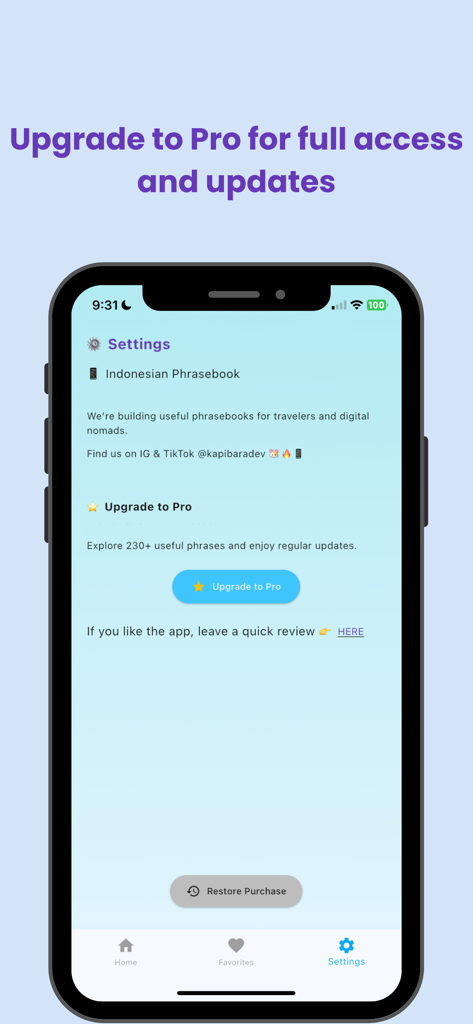 Indonesia Travel Phrasebook - Settings screen of the Indonesia Travel Phrasebook app showing the upgrade to pro button.