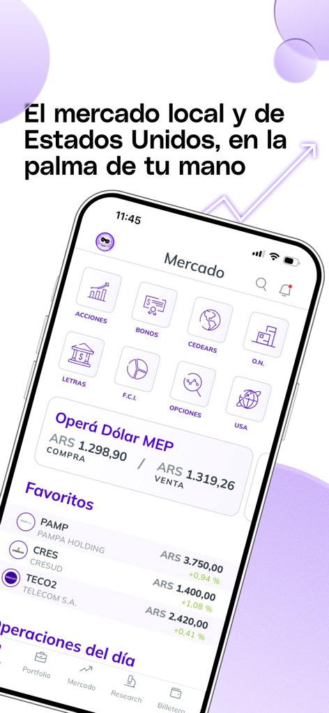 IEB+: Tu app de inversiones - IEBプラスモバイルアプリのインターフェース、様々な投資オプションとドルMEP為替レートを表示