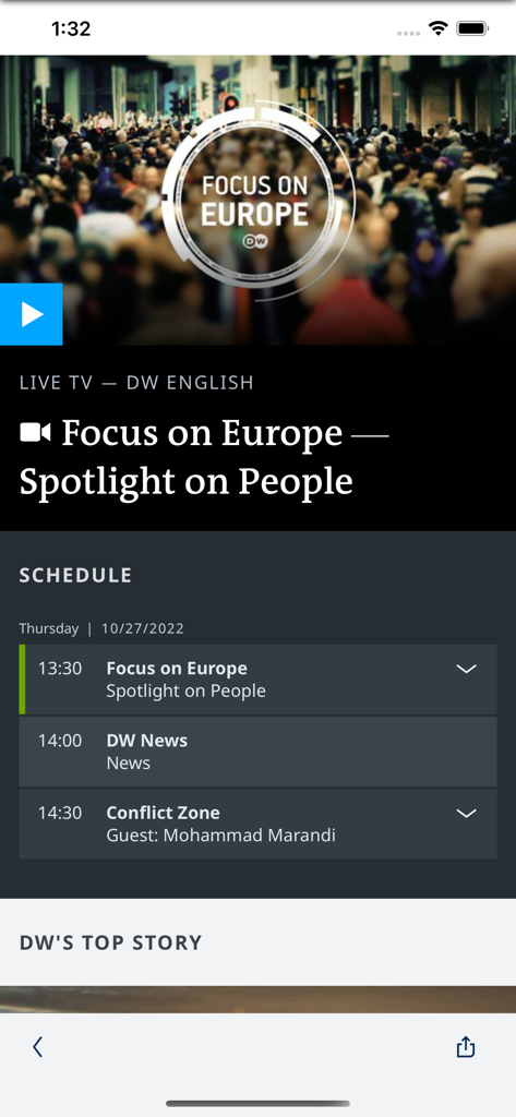 Screenshot of the DW news app showing the live TV schedule for the English channel including the program Focus on Europe