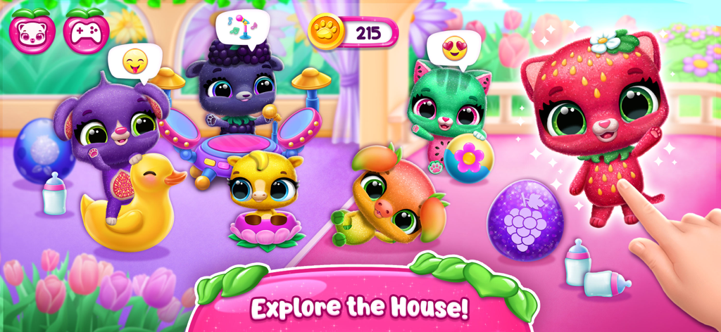 Fruitsies - Pet Friends - A group of colorful fruit-themed pets including a strawberry cat and watermelon cat in a vibrant playroom with text saying Explore the House