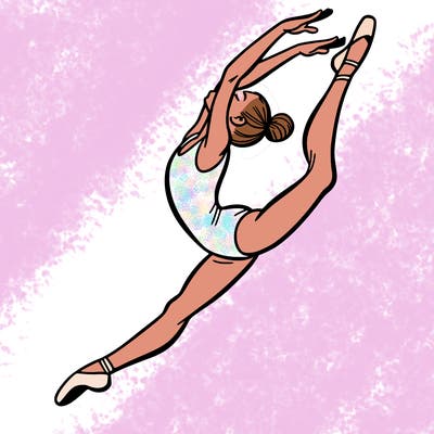 gymnast doing a leap in a leotard with a bent back leg