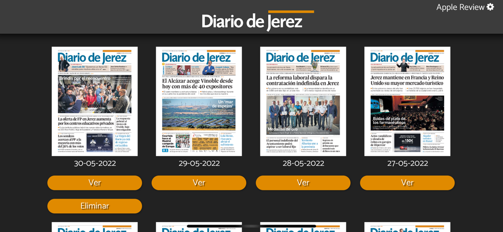 Vista de archivo de la aplicación Diario de Jerez mostrando portadas de periódicos por fecha