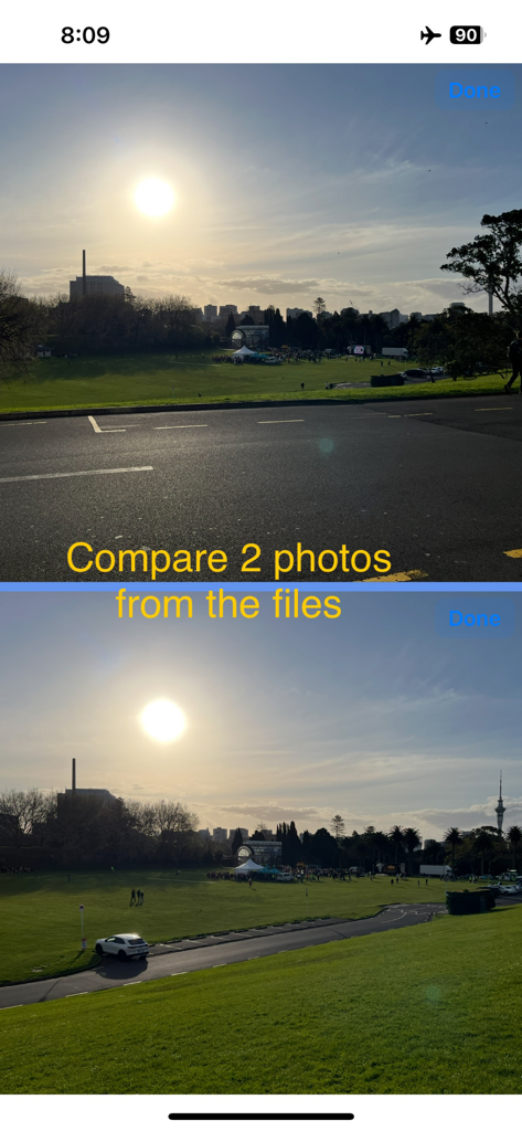 Split screen view on iPhone comparing two landscape photos of a park at sunset within the fileSplit app