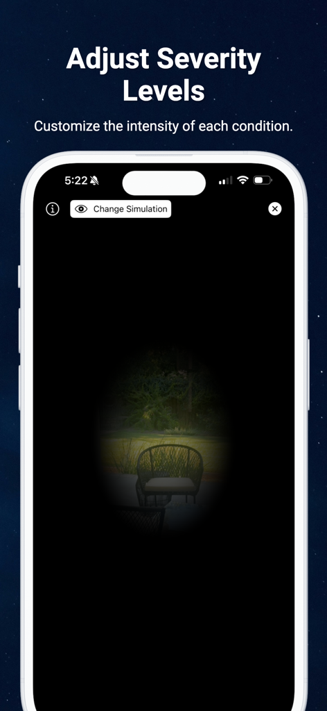 iPhone screen displaying the severity adjustment feature of the Eye Disease Simulator app