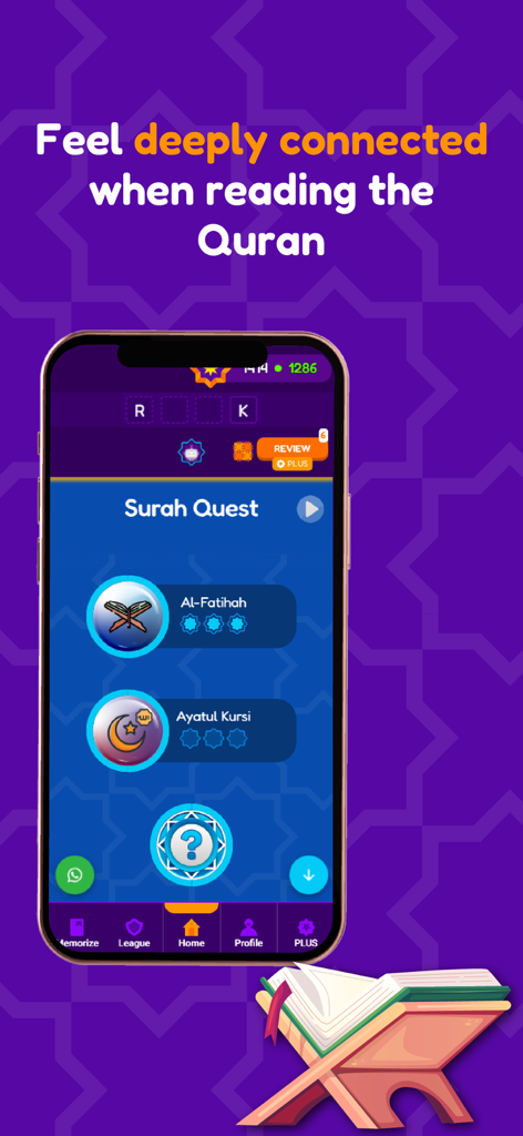 Think Quran - Think Quran mobile app displaying the Surah Quest learning modules for Al-Fatihah and Ayatul Kursi