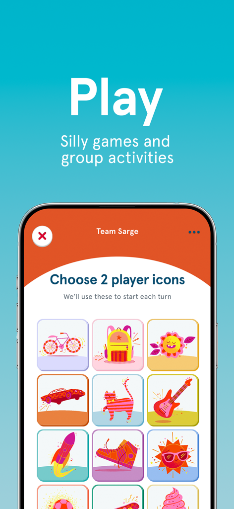 Interfaz de la aplicación Chick-fil-A Play para seleccionar iconos de jugador para actividades grupales familiares y juegos divertidos