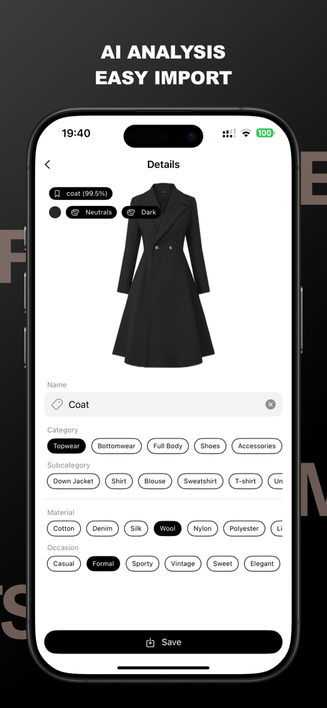 FITS ME - AI Closet - FITS ME app interface showing AI analysis and category selection for a black coat