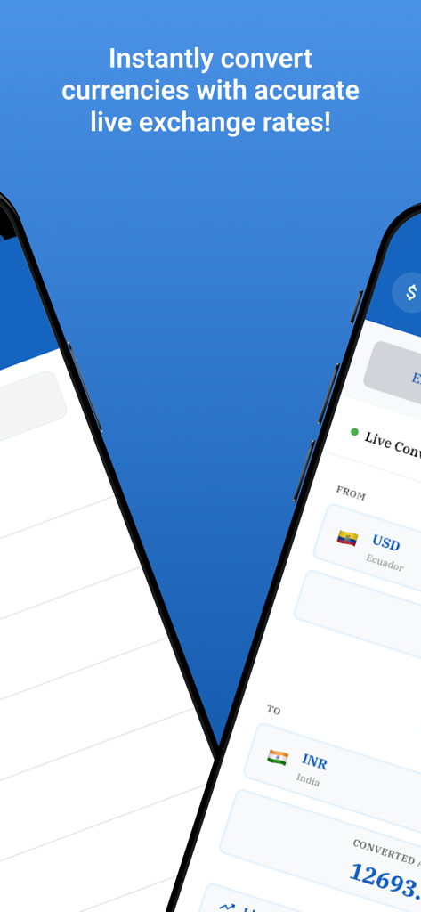ForexCalculator app interface showing live currency conversion between USD and INR on an iPhone