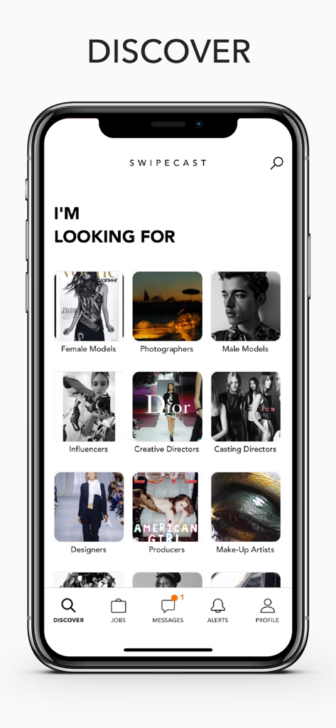 Swipecast app interface showing search categories for fashion professionals like models photographers and influencers
