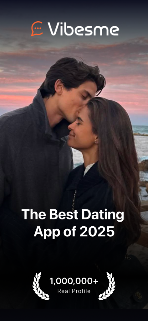 Vibesme - Friendship Chat - Pantalla de introducción de la aplicación Vibesme con una pareja joven y 1 millón de perfiles reales