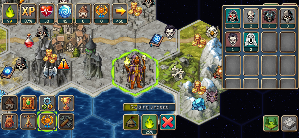 A gameplay screenshot of Next Run: Fantasy Strategy RPG showing a mage character on a hexagonal grid map with a unit inventory.