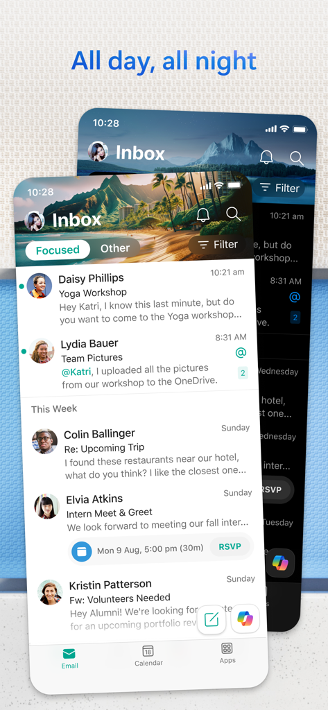 Microsoft Outlook mobile app showing the focused inbox in both light and dark modes.