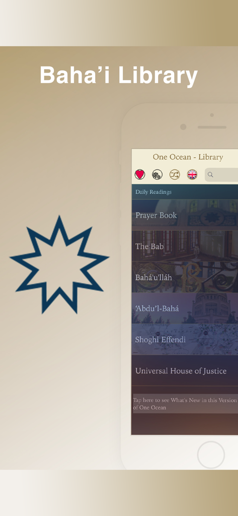 Baha'i Library - One Ocean 4.0 - Baha'i Library One Ocean app interface showing a list of sacred writings and prayer books next to a nine pointed star