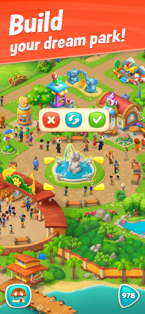 A colorful zoo management scene in Wildscapes featuring an elephant fountain and park visitors