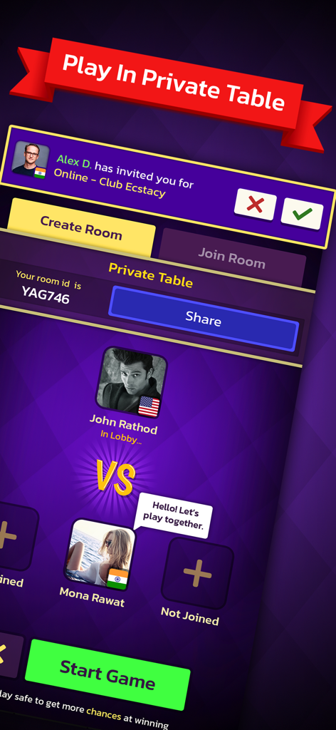 Ludo Master private table screen showing a player invitation and room lobby with join options.