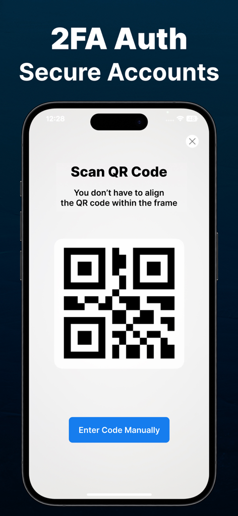 Authenticator App - Official ™ - Schermata dell'iPhone che mostra l'interfaccia dello scanner di codici QR per la configurazione sicura degli account 2FA.