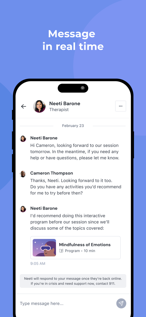 Modern Health - A smartphone screen displaying a real-time chat between an employee and a mental health professional.