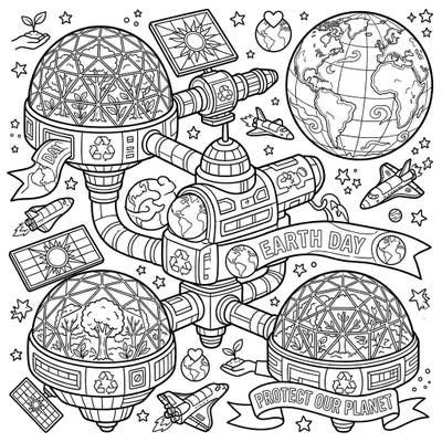 Journey to the stars and celebrate Earth Day with this spectacular coloring page! Featuring interconnected space stations promoting recycling and environmental protection, it's a unique way to honor our planet.