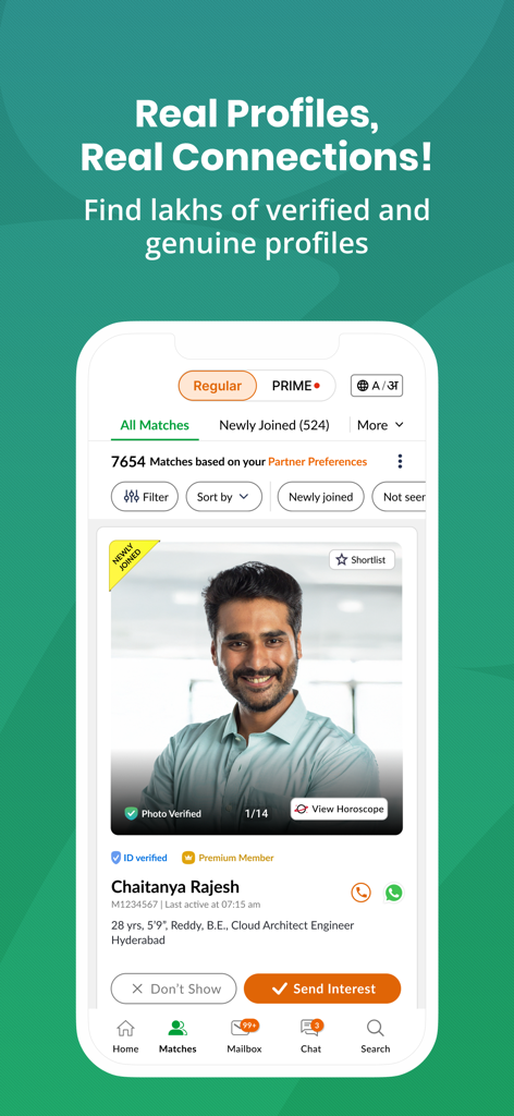 Telugu Matrimony-App zeigt ein verifiziertes Profil einer jungen Fachkraft.