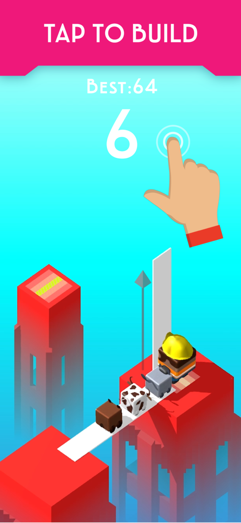 PLANK! - 赤い塔の間を白い板で渡るキャラクター。タップして構築するプロンプトが表示されている