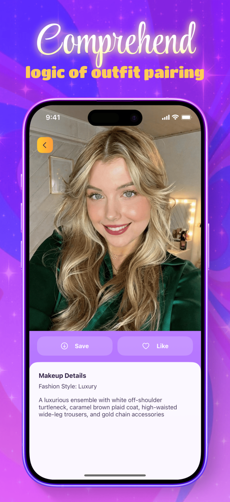 Rini app screen displaying the logic of outfit pairing with a luxury fashion style description and portrait.
