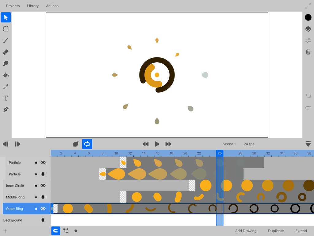 ToonSquid app interface showing the 2D animation timeline with layers and keyframes