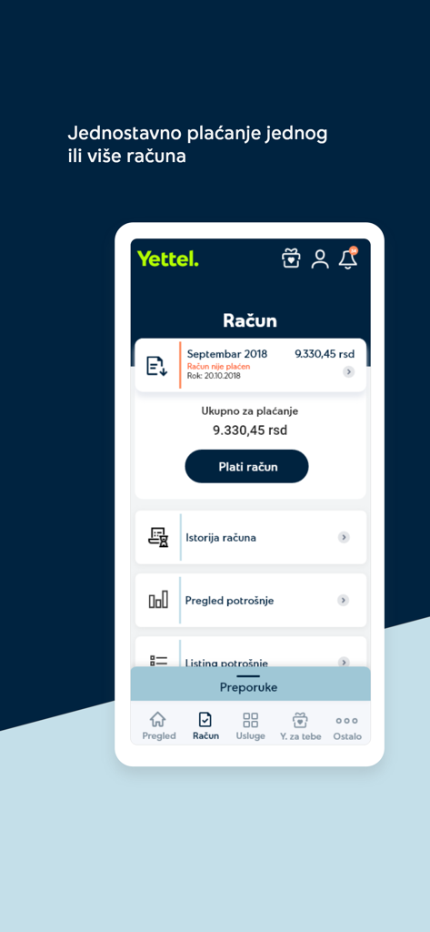Interfaccia dell'app Yettel SRB che mostra il saldo del conto e le opzioni di pagamento delle bollette in serbo